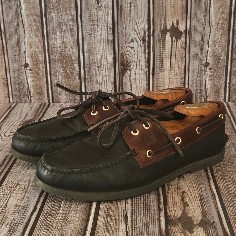 Sz 9.5 M Mens Sperry Top-Sider Authentic Original Black Brown Boat Shoes VGUC